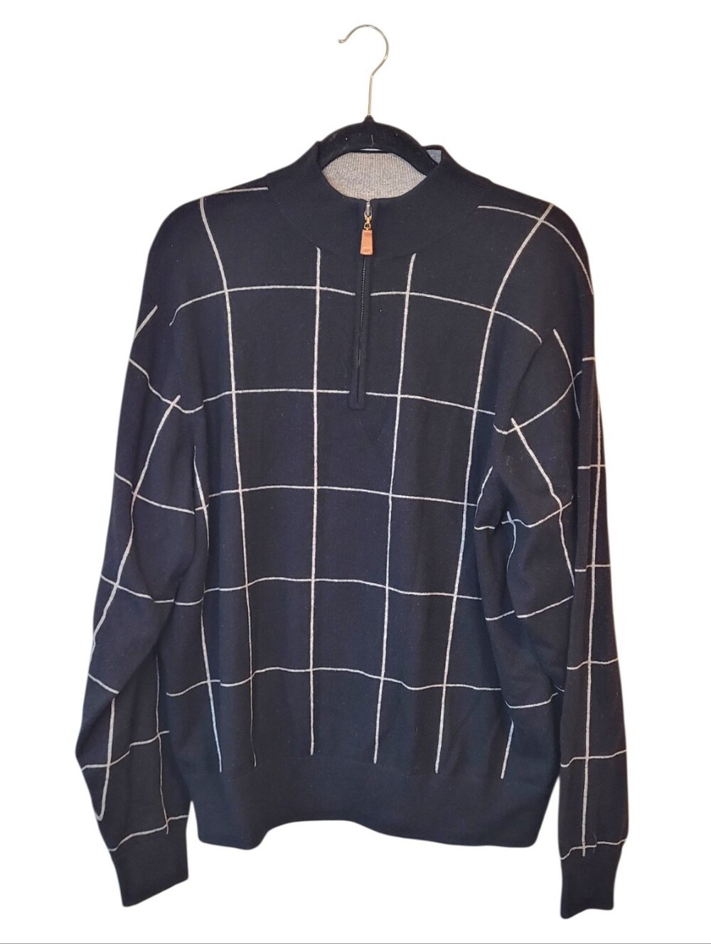 Reserve Patrick James 100% Cashmere Men's Black Windowpane Zip Sweater Size L